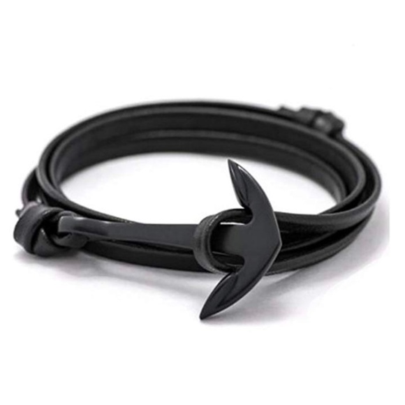 New Men's Stephen Oliver Black Plated Leather Nautical Wrap Bracelet - Picture 1 of 2